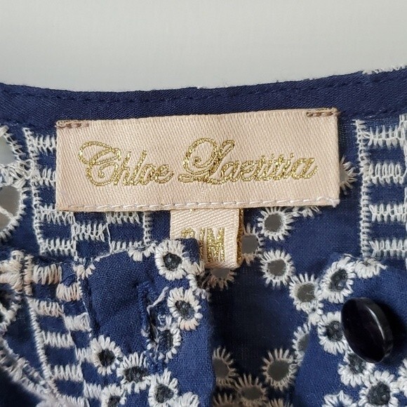 Chloe Laetitia Collection Paris Cotton Eyelet Dress Blue Cream Small MEDIUM - Picture 2 of 10